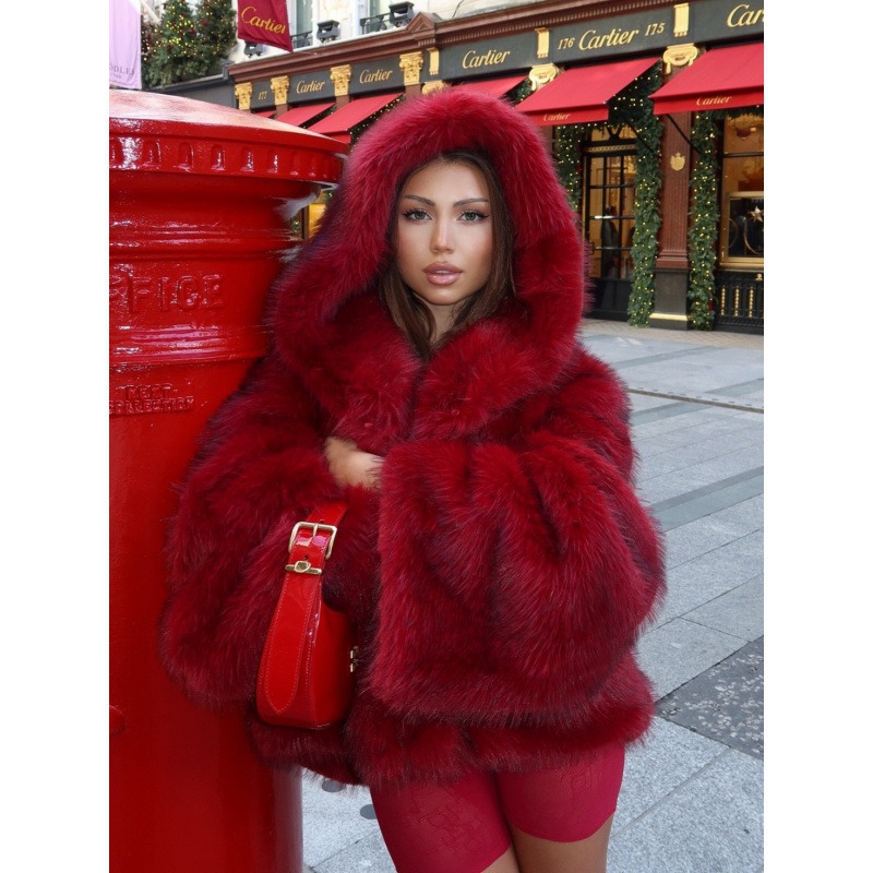Manteau à capuche femmes veste d'hiver manteaux de fourrure rouge manches longues veste moelleuse mode vestes de fourrure artificielle vêtements de luxe chauds