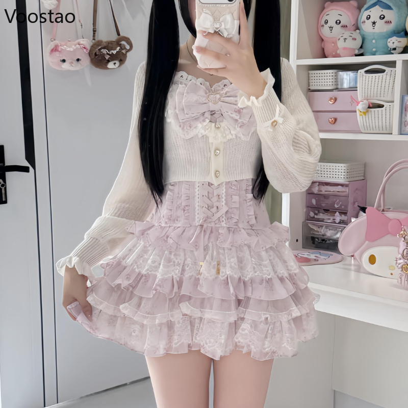 Ensemble 2 pièces Lolita japonaise pour femme, style Kawaii, avec nœud, bandage, dentelle florale, mini-robe et cardigan tricoté, tenues coréennes Y2K pour anniversaire