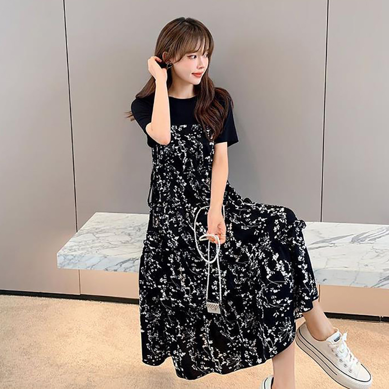 T-shirt femme faux deux pièces style coréen robe d'été mi-longue imprimé fleuri Boho décontracté quotidien en mousseline de soie robe noire florale