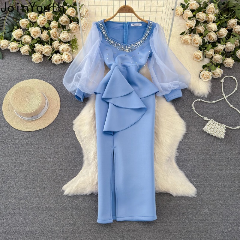 Robe De soirée en gaze pour femmes, manches lanternes, col carré, perles, fendue, 2025