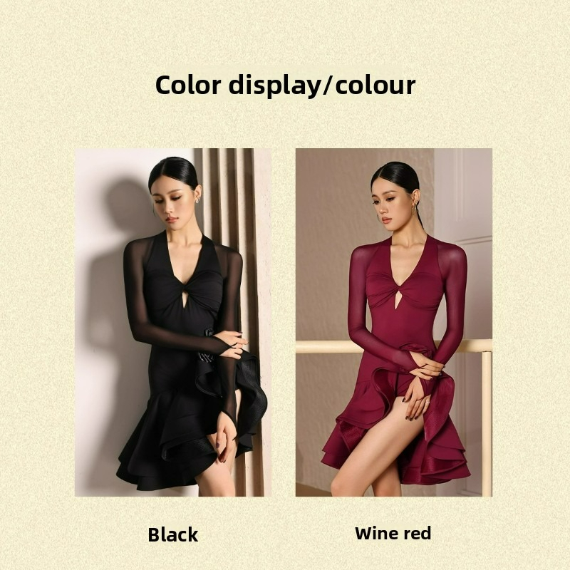 Robe de danse latine pour adultes pour femmes, noir, vin, fleur rouge, manches longues, jupe pivotante en maille, Sexy, dos nu, costume d'entraînement Cha Samba