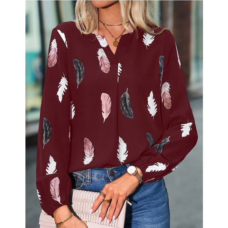Mode femme Blouse chemises pour femmes haut élégant à manches longues motif de plumes femmes hauts élégant en mousseline de soie Mujer femme vêtements