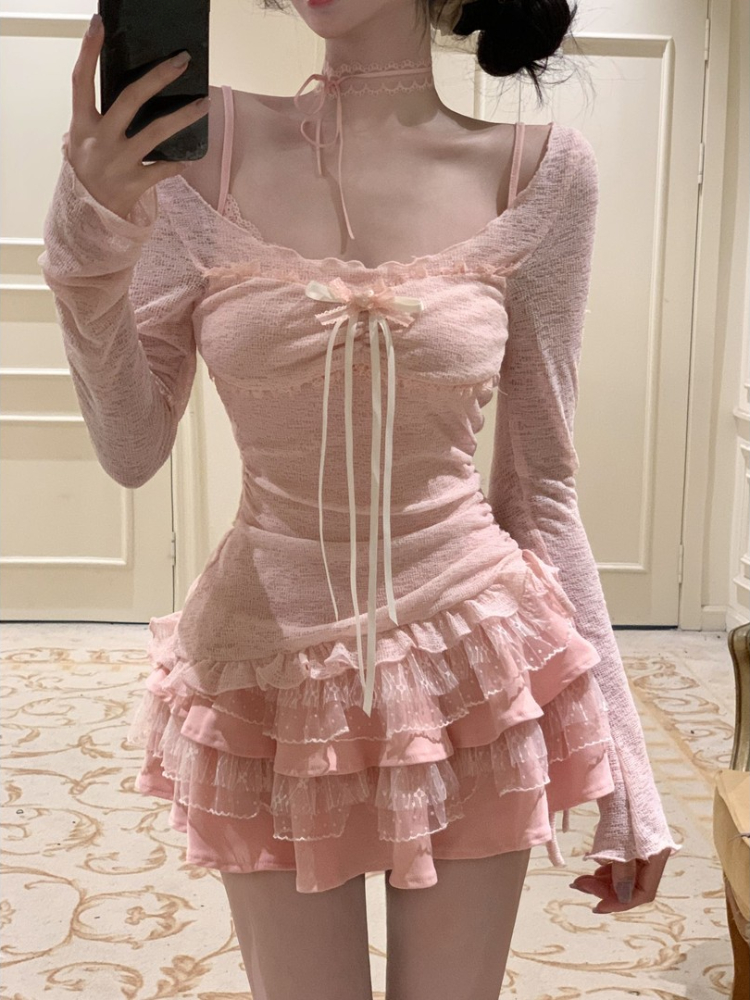 Ensemble 2 pièces pour femmes, Mini jupe, manches longues, Coquette, hauts fins, Y2k, Kpop Girl, tenues esthétiques des années 2000, costumes Vintage