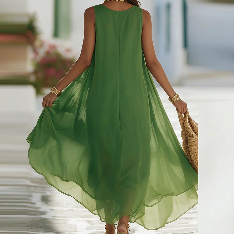 Robe longue plissée ample à col en V et dentelle pour femme, style bohème, sans manches, idéale pour le printemps et l'été, parfaite pour les vacances