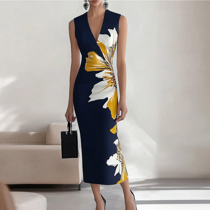 Robe longue élégante sans manches pour femmes, col en V, moulante, Sexy, marine, robe de soirée, bureau, vacances