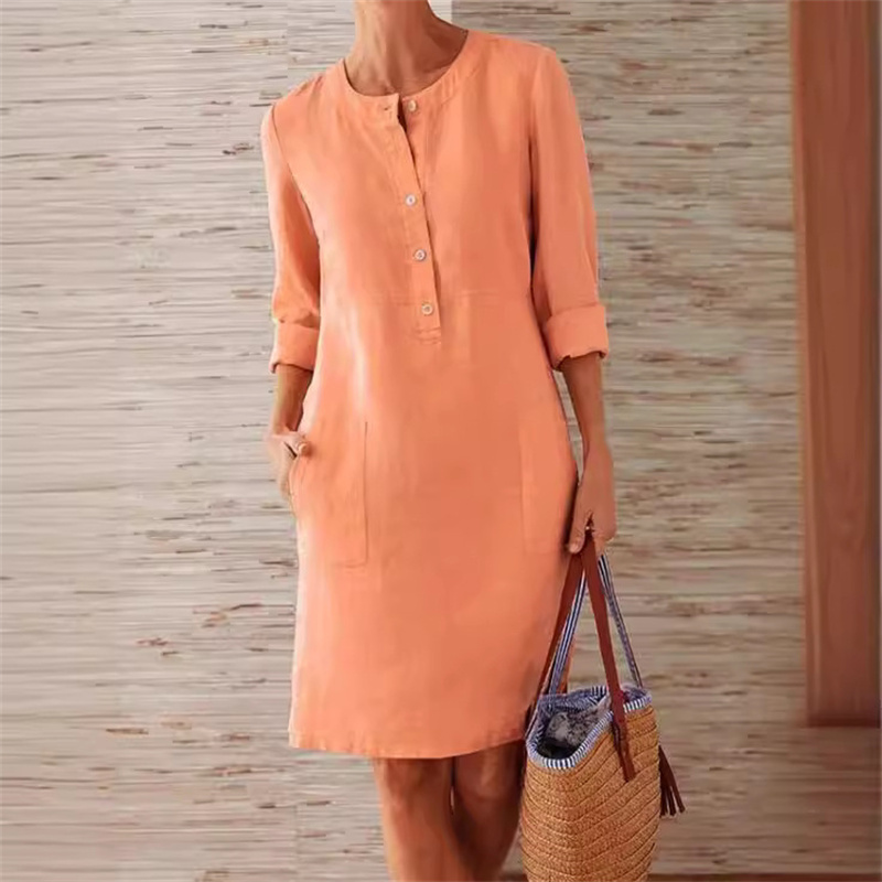 Femmes confortable décontracté coton lin robes 2025 automne couleur unie poches latérales robe femme O cou pull à manches longues robe