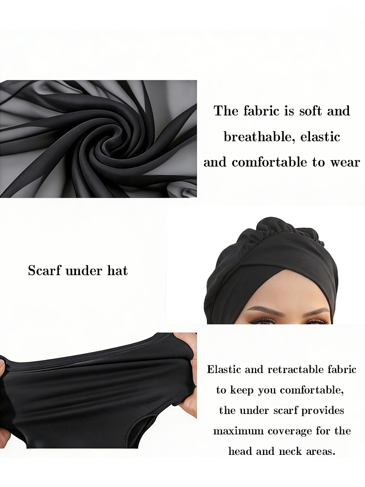 Hijab croisé en tricot pour femmes musulmanes, turban noir en polyester, foulard élégant et respirant pour la plage et les vacances quotidiennes