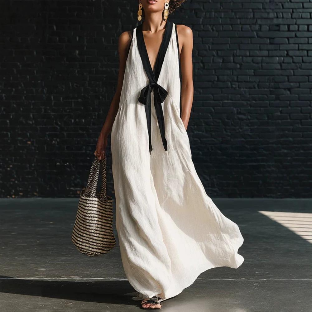 Robe longue maxi sans manches pour femme, col en V profond, color block, fluide et ample, style débardeur, pour l'été, la plage et les vacances, avec poches