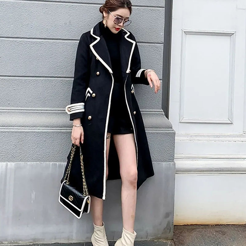 Nouveau manteau Long en laine pour femme automne hiver épais mince noir Double boutonnage Trench manteaux femme coréenne décontracté Parker pardessus