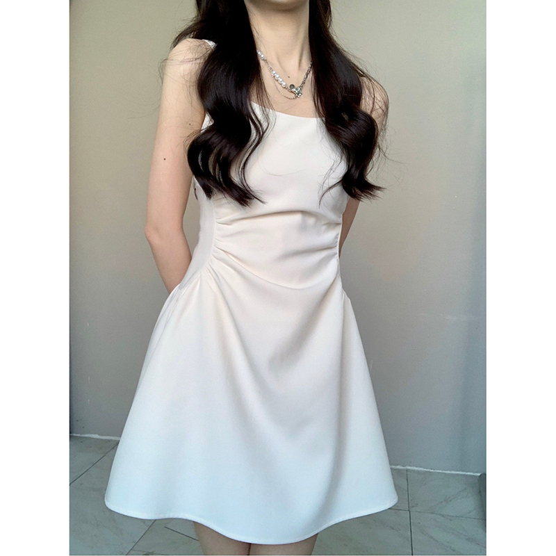 Femmes classique noir blanc robe à bretelles élégante dame tempérament quotidien a-ligne Mini robes femme mode fête taille robe