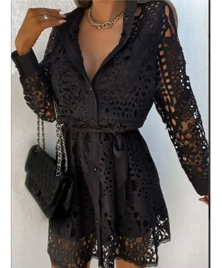 Robe chemise en dentelle évidée pour femme, mini robe élégante, bouton à lacets, dame de bureau, sexy, femme, printemps, automne