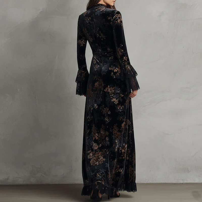 Robe longue en velours à imprimé floral rétro BWQ pour femme, robe de soirée sexy à col rond et taille haute, robe maxi à manches longues et dentelle pour l'automne