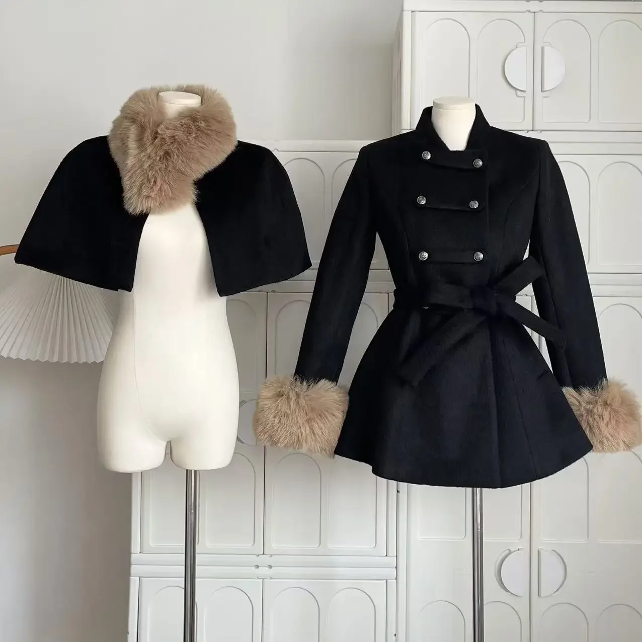 Manteau en laine élégant vintage français pour femme, châle noir chic, pardessus Everak + Retro At Tralike, tenues de conception de bandage féminin, hiver