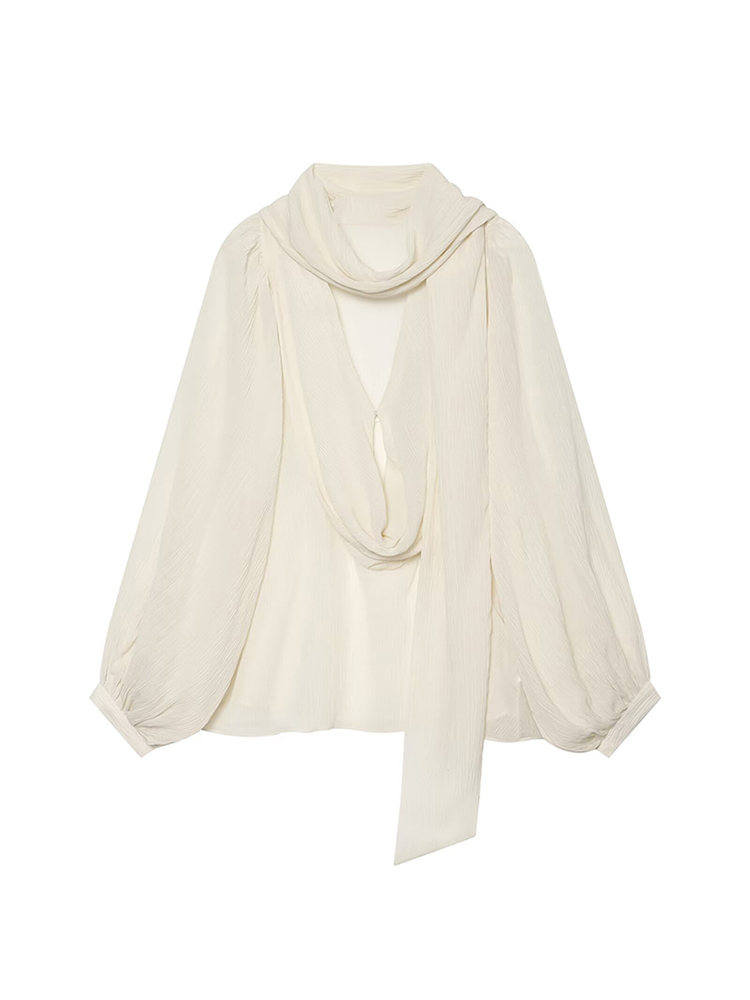 Nouvelle chemise à col écharpe pour femme, élégante, automne, manches longues, col en V, transparente, ample, chemisier tendance 2026, hauts de mode pour femme