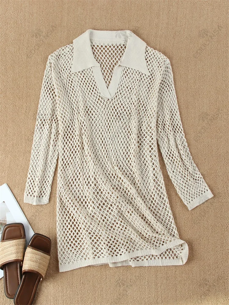 Mini robe de plage en tricot de couleur unie pour femmes, Sexy, ajourée, manches longues, Cover-Up pour les maillots de bain, style Boho, vacances, vêtements de plage amples, été, K17