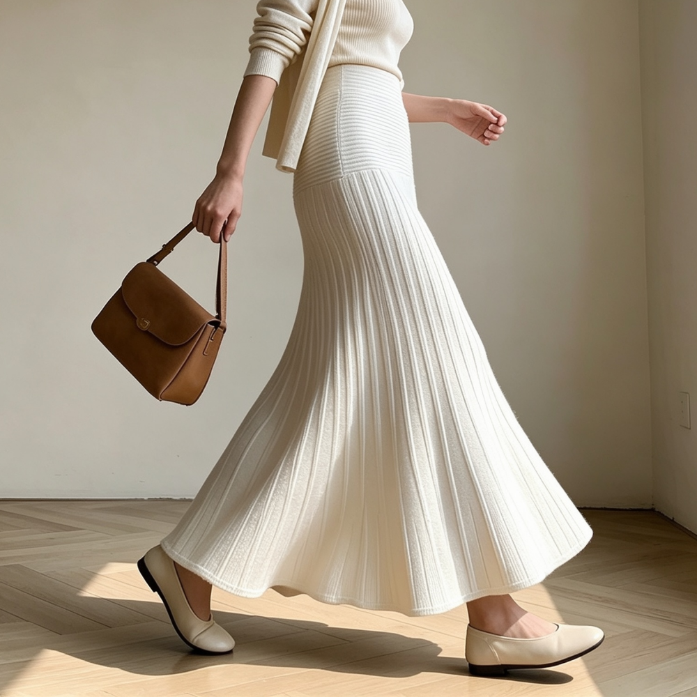 Jupe longue plissée en maille côtelée pour femme, taille haute élastique, coupe trapèze fluide, couleur unie, style coréen, décontractée, pour l'hiver