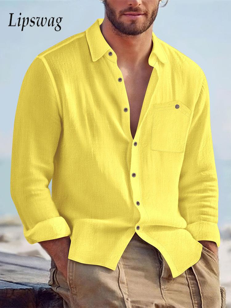 Chemises décontractées à manches longues pour hommes, couleur unie, ample, respirant, en lin, pour vacances à la plage, mode printemps automne, Cardigans