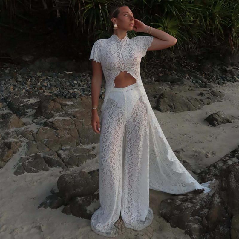 Ensemble décontracté pour femmes : manteaux longs en dentelle, hauts transparents unis, pantalons droits longs. Ensembles de mode automne 2026 pour femmes.