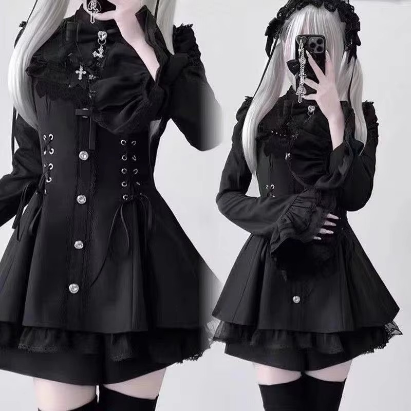 Ensemble de robe gothique japonaise Lolita pour femmes, Harajuku Y2k, nœud en dentelle, col à volants, Mini robes de soirée élégantes et mignonnes