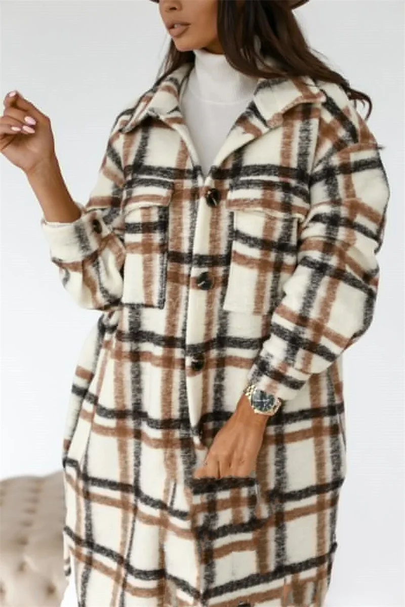 Femmes vérifier Tweed chemise longue automne hiver épaissi chaud simple boutonnage Cardigan Blouse femme décontracté Double poches vêtements d'extérieur