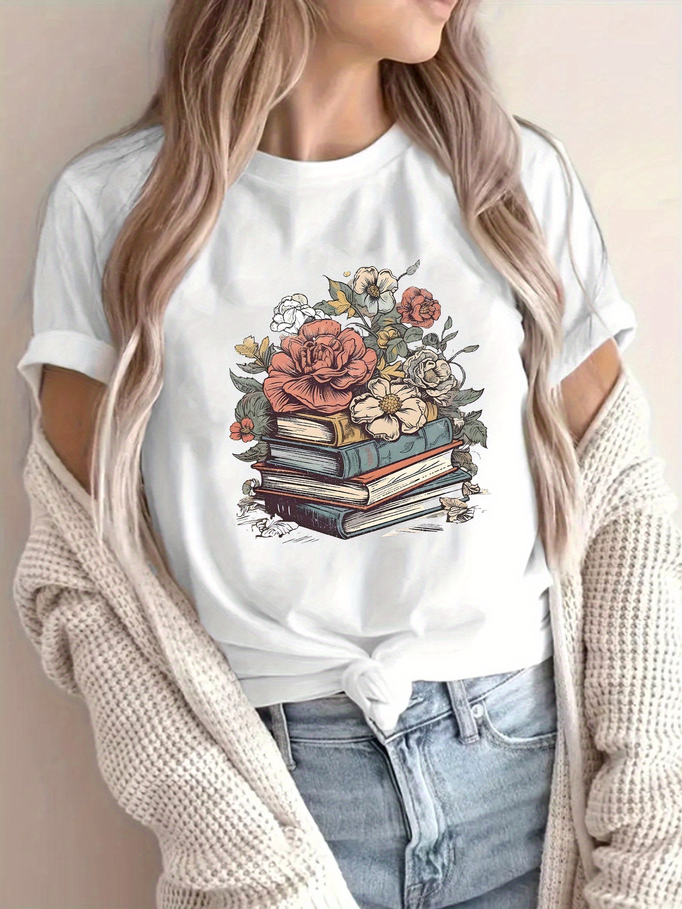 T-shirt pour femme Floral Books - Motif Boho, haut décontracté gris foncé