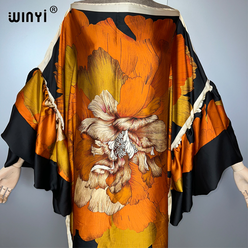 WINYI Robe de soirée d'été à manches bouffantes, Abaya de luxe de Dubaï, Kaftan ample imprimé pour femme, Vêtement musulman, Robe de plage