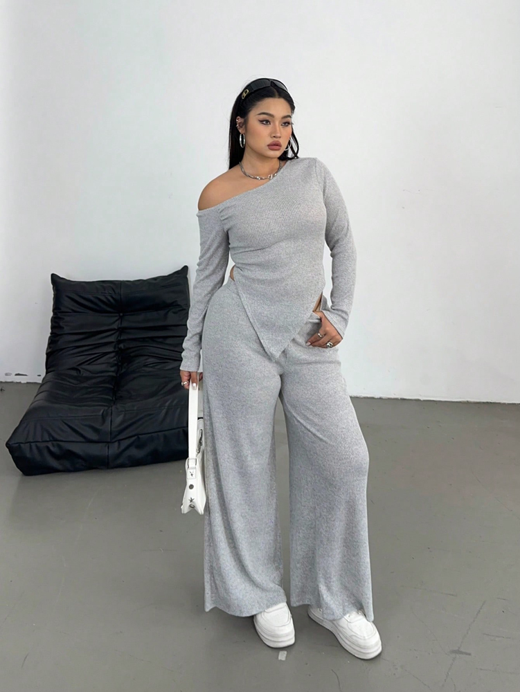 Grande taille Sexy Slash épaule à manches longues pantalons décontractés deux pièces ensemble banlieue Style loisirs couleur unie maison