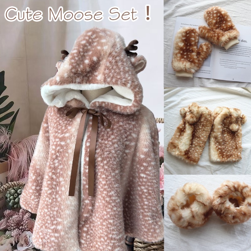 Manteau de noël en peluche japonaise pour femmes, mignon imprimé cerf à pois, épais, cerf Kawaii, coupe-vent, veste châle d'élan, hiver