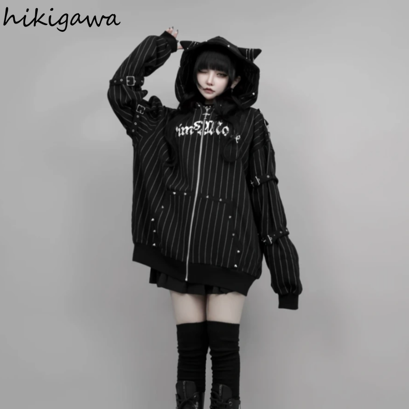 Vestes pour femmes, vestes gothiques, tops Y2K japonais, streetwear, manteaux Harajuku à rayures et rivets, 2026, Ropa Mujer, vêtements d'extérieur à rayures avec capuche à oreilles