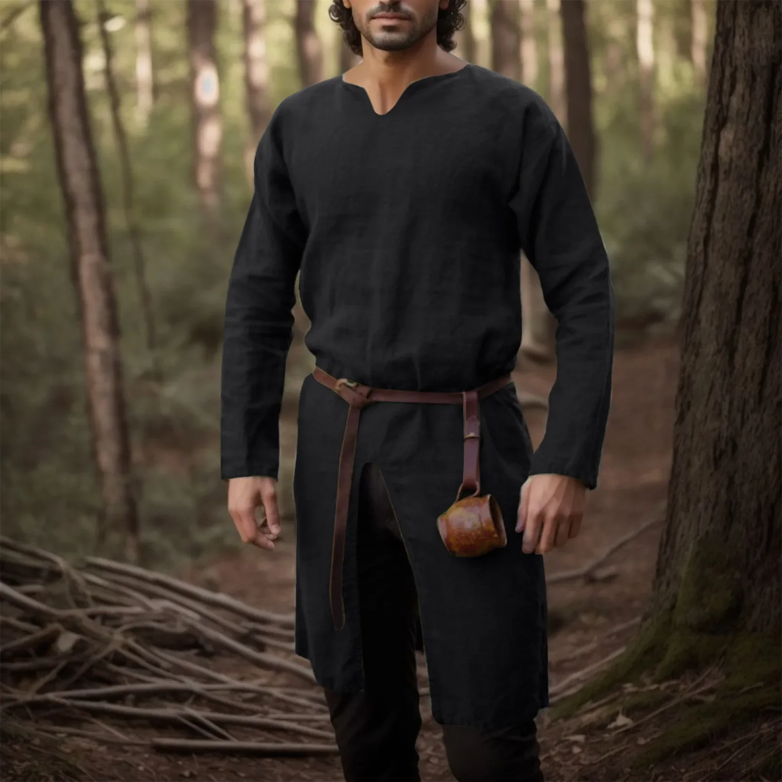 Chemise en lin rétro de la Renaissance médiévale, tunique longue pour hommes, vestes Vintage, Costumes de Cosplay de chevalier Vikings Pirate