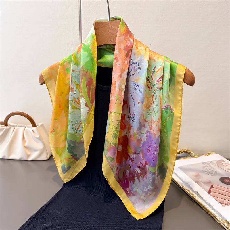 Foulard carré imprimé pour femme, imitation soie, bandanas, hijab floral de luxe, écharpe élégante, châle de plage