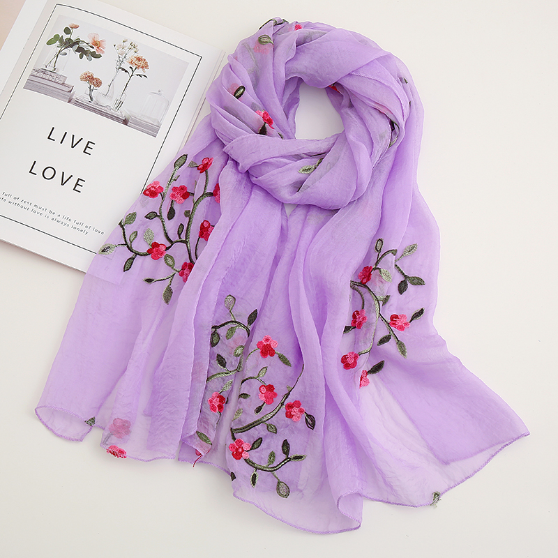 Châle en mousseline de soie brodé de fleurs pour femmes musulmanes, foulard Hijab, bandeau enveloppant doux, protection solaire fine d'été, 170x65cm