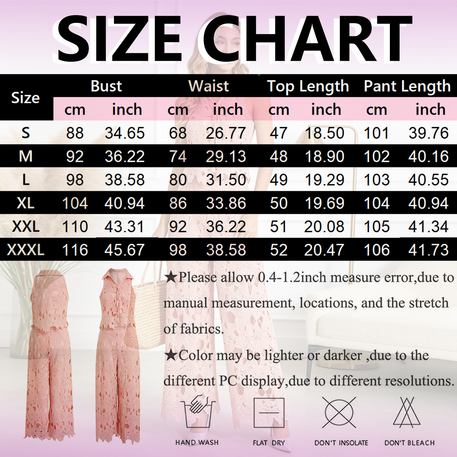 Ensemble deux pièces élégant pour femme : Gilet à col en dentelle florale, pantalon large et haut court sans manches ajouré