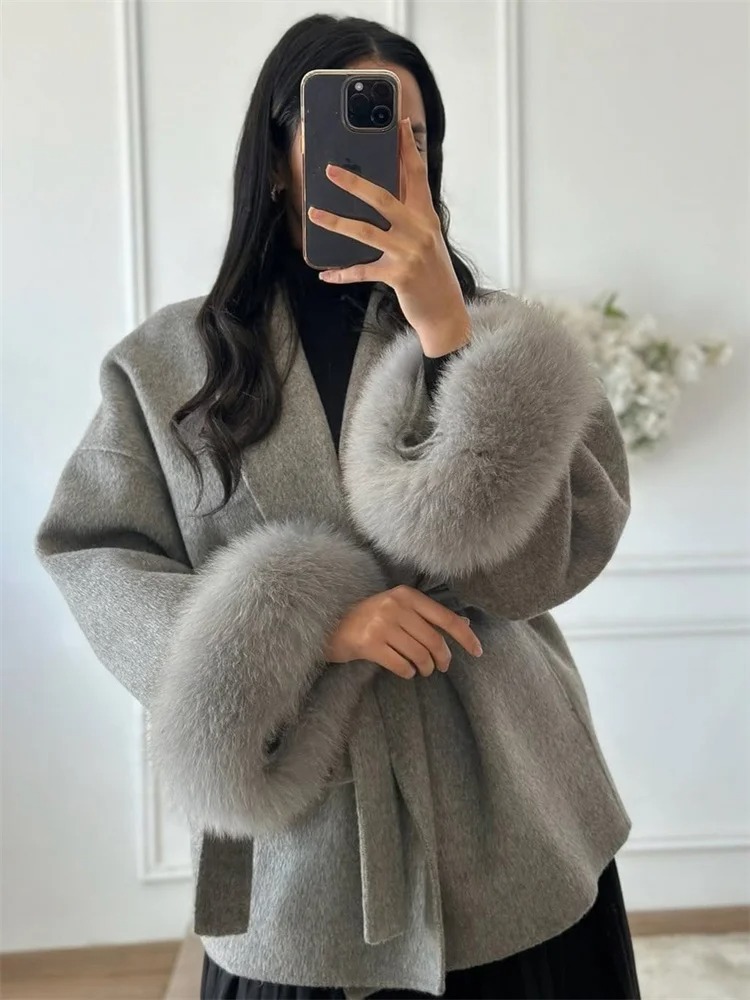 Manteau en laine double face pour femme, mélange de laine, long, élégant, ceinturé, chaud pour l'hiver, pour le bureau, en fourrure naturelle, vêtement d'extérieur