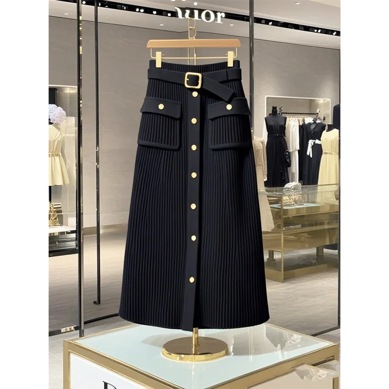Jupe tricotée élégante haut de gamme pour femmes, tenue de bureau, taille haute, mode, simple boutonnage, Slim, enveloppée sur les hanches, mi-longue, nouvelle collection