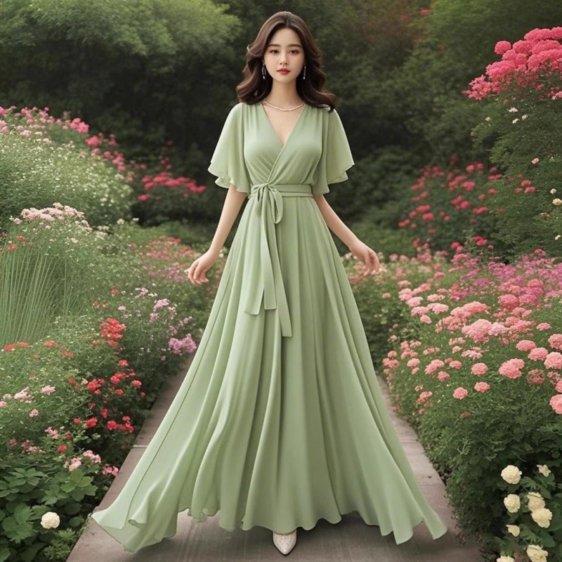 Robe longue de plage d'été 2021, nouvelle beauté verte, française, haut de gamme, en mousseline de soie, exquise, Unique, robe de vacances, fée W296