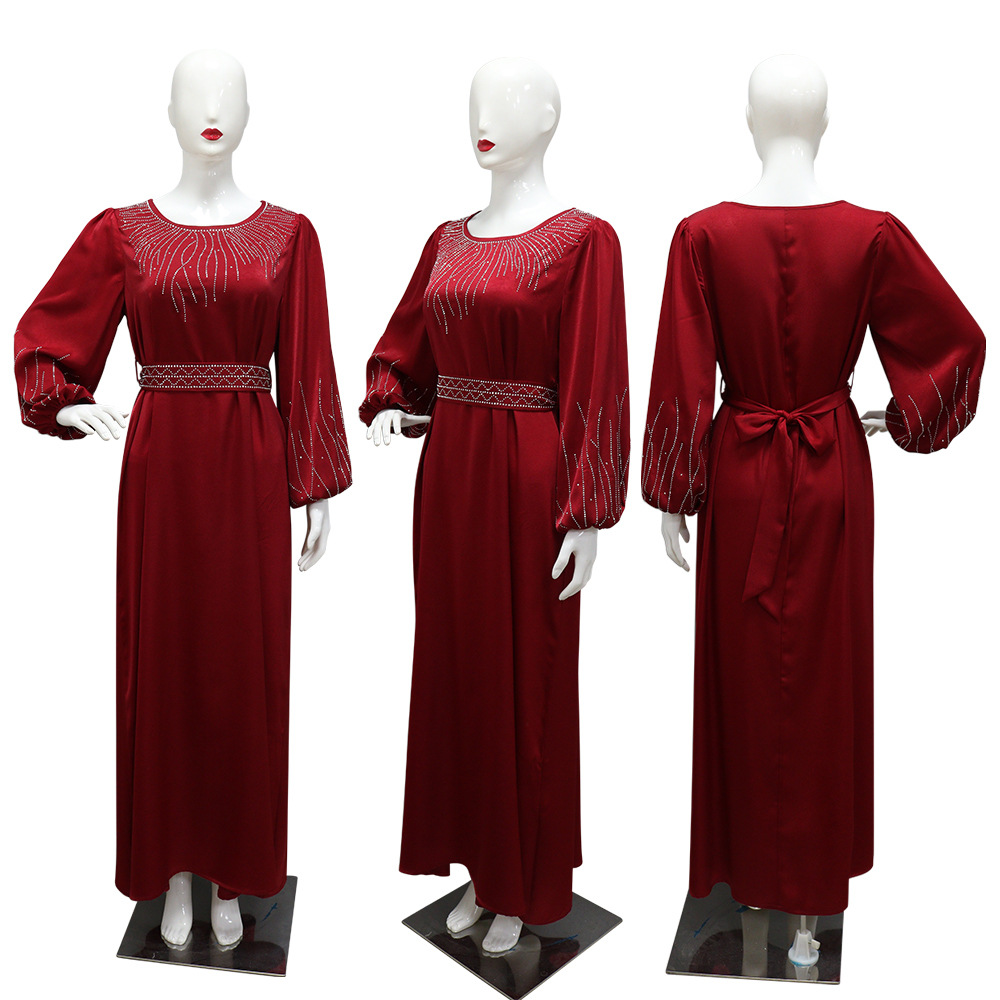 2025 Moyen-Orient Dubaï Femmes Élégant Hotfix Diamant Ceinture Maxi Robe Robe De Soirée, Robe Longue Robe Musulmane Saoudienne