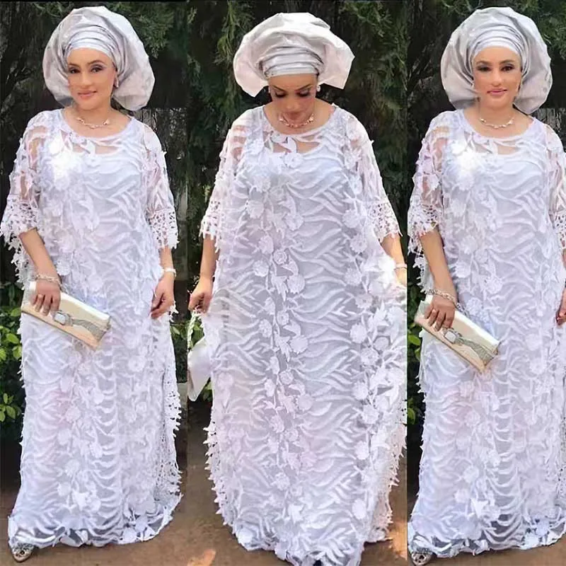 Robe africaine creuse en dentelle blanche pour femmes musulmanes, vêtements africains, Dashiki, boubou taditionnel, robe arabe, Ramadan, 2023
