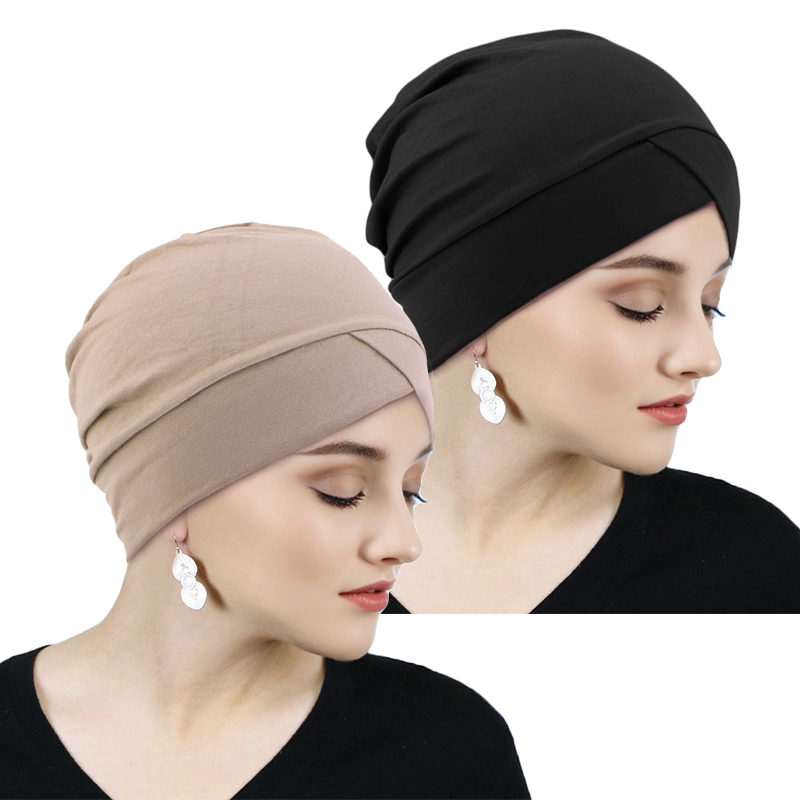 2 pièces/lot croix musulman Turban couleur unie coton chimio Hijabs casquettes femmes Hijab Bonnet perte de cheveux foulard Bandanas Turbante