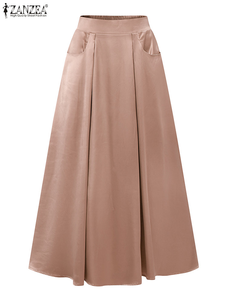 Femmes élégantes Maxi jupes longues 2025 ZANZEA élégant fête Satin Jupe été taille haute vacances Robe solide a-ligne travail Faldas Saia