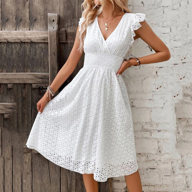Robe de plage d'été pour femmes, col en v, manches évasées, couleur unie, dentelle creuse, taille, décontractée, robes de vacances