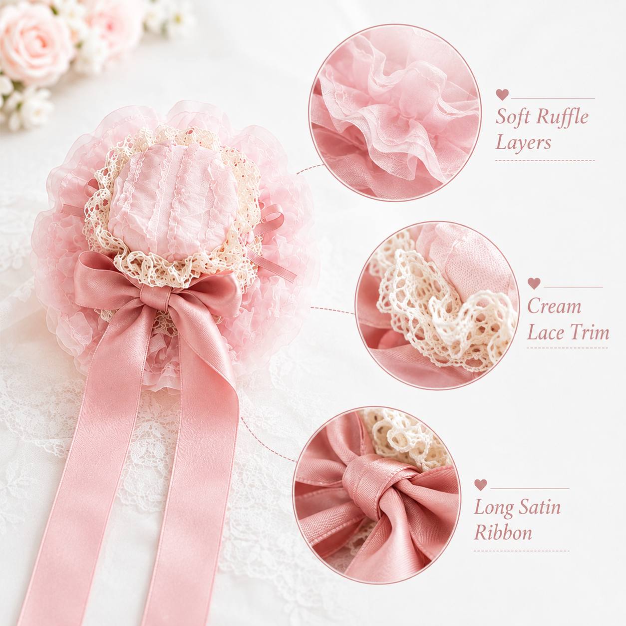 Bonnet vintage en dentelle Lolita avec long ruban en satin, accessoire pour cheveux à volants pour femmes et filles, 3 couleurs