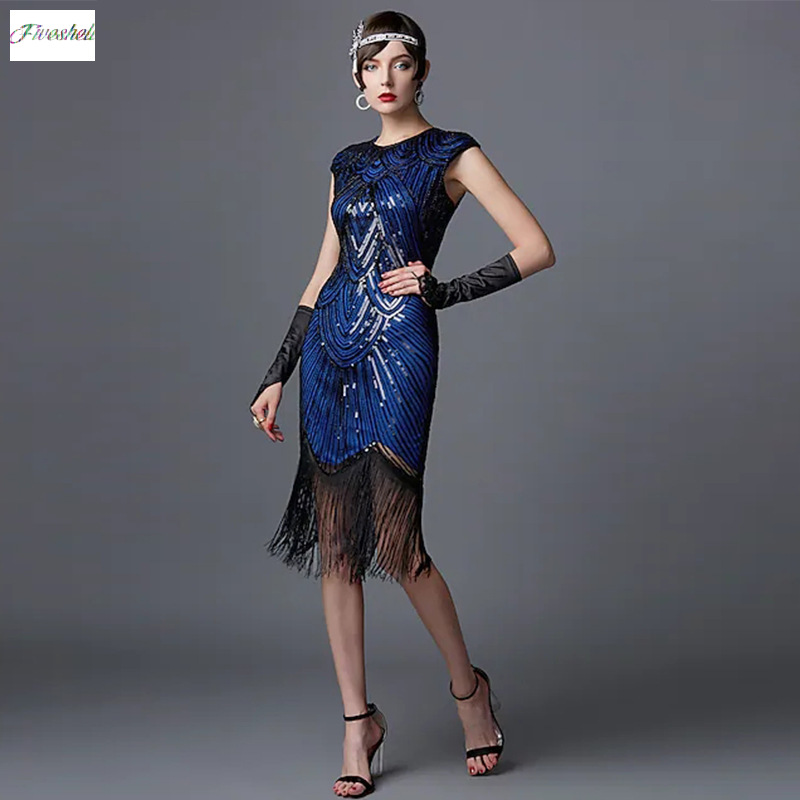 Robe longue Vintage à volants pour femmes, tenue de fête élégante à paillettes, sans manches, à franges, 1920