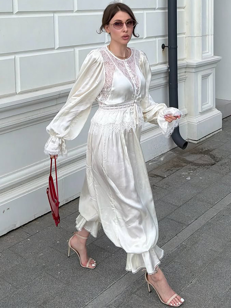 Ensemble pantalon femme élégant en satin et dentelle, col rond, manches longues bouffantes, chemisier boutonné sur le devant, pantalon à taille élastiquée avec cordon de serrage et ourlet à volants à revers