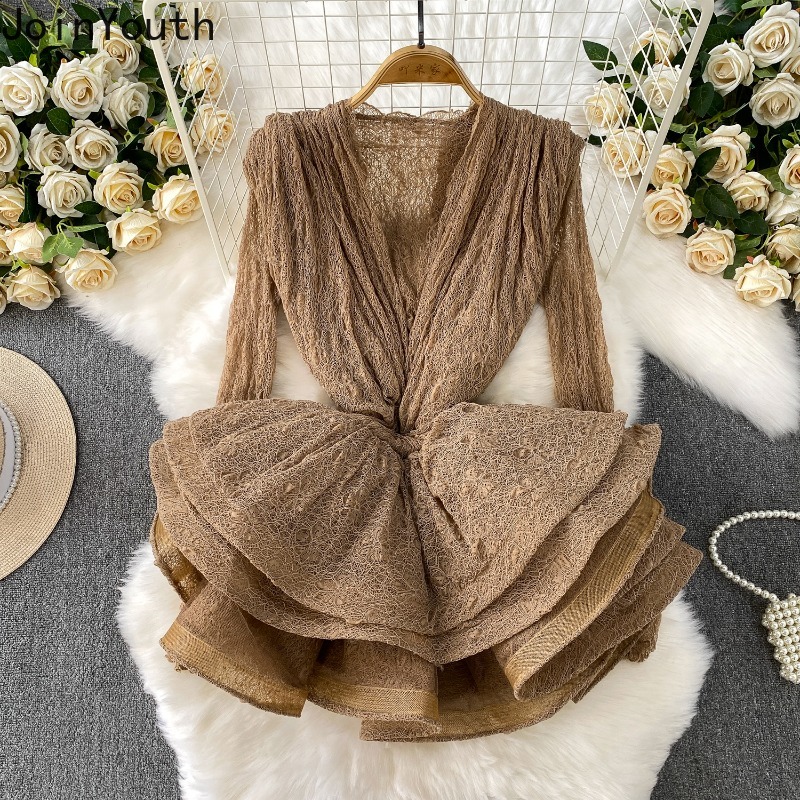 Ensemble de vêtements 2 pièces en dentelle pour femmes, chemises Sexy à manches longues, taille fine, à volants, sans manches, costume, tenues à la mode, vêtements coréens
