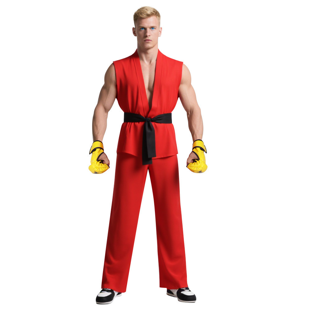 Costume de cosplay Street Fighter Ryu et Ken, uniforme d'arts martiaux blanc et rouge avec ceinture, tenue de karaté pour hommes adultes