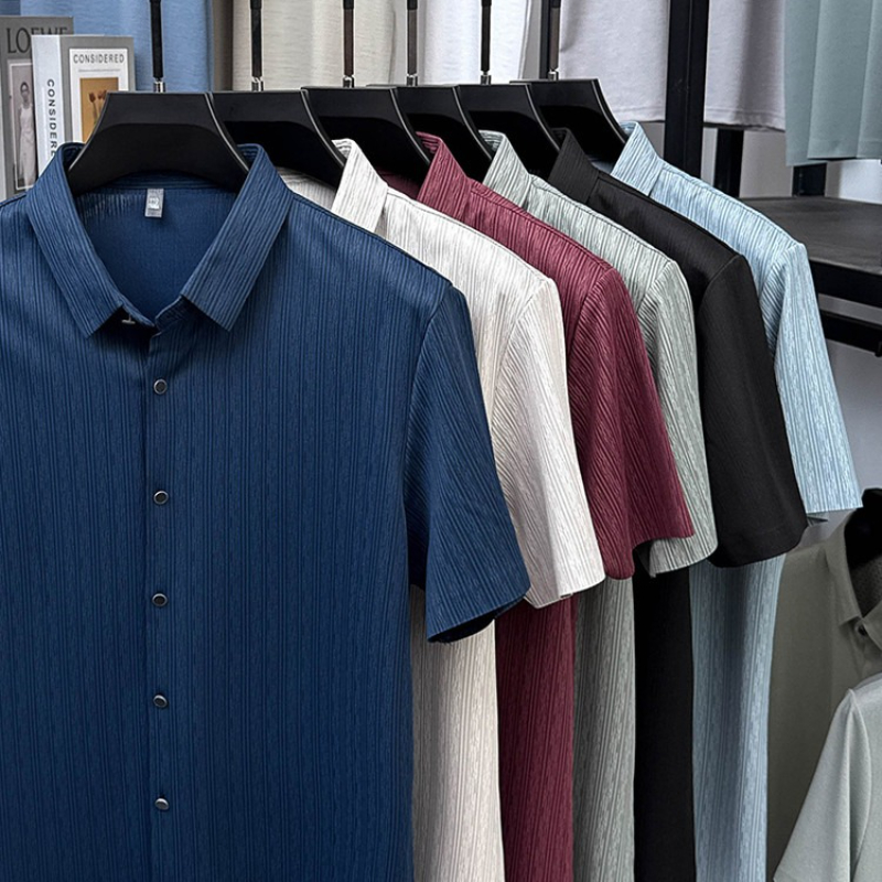 Chemise habillée à manches courtes pour hommes, coupe cintrée, tissu extensible en Spandex de qualité supérieure, couleurs unies, chemises d'affaires décontractées, prix de gros