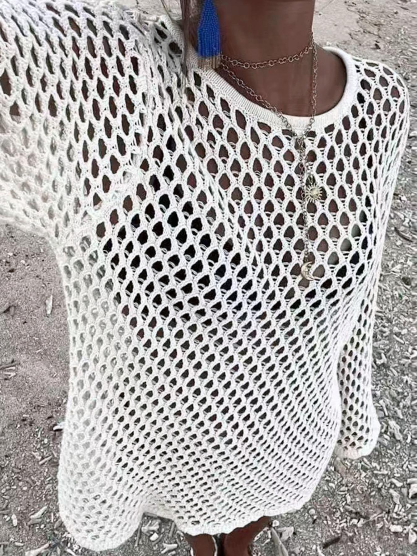 Robe de plage style bikini ajourée, col rond, tricot à manches longues, décontractée, design uni ajusté, parfaite pour les vacances d'été