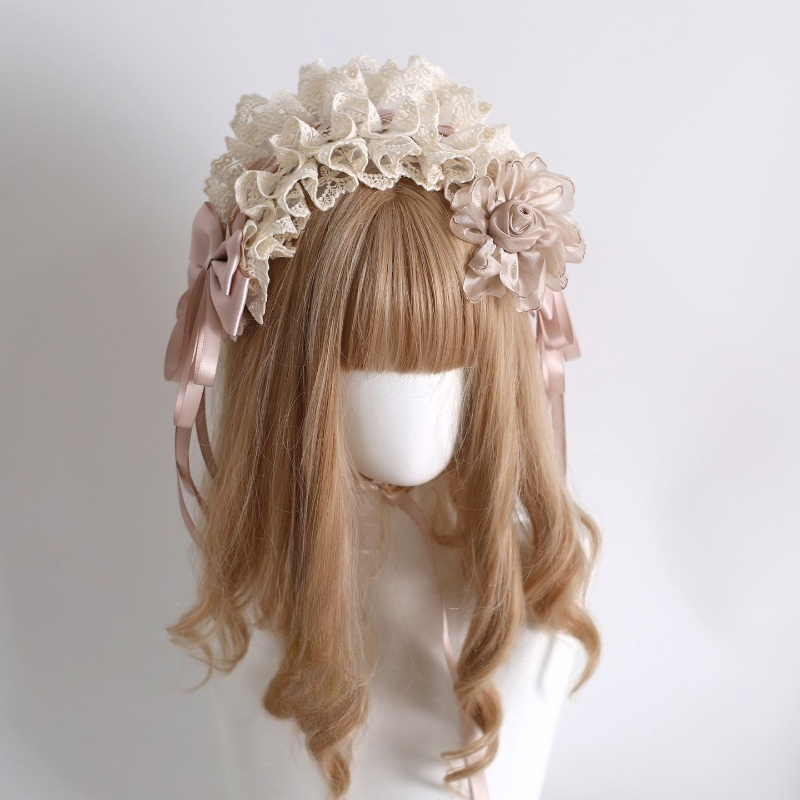 Accessoires capillaires Lolita faits main Original Light Shadow : Pince à cheveux, Boule de fleurs colorée, Nœud, Voile de cheveux en dentelle couleur champagne