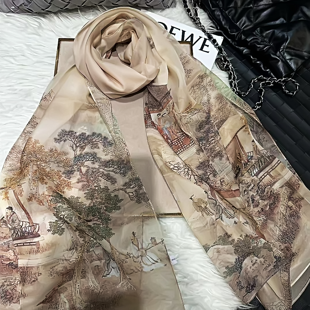 Injplanchers f-Châle long en mousseline de mûrier pour femme, écharpe de plage élégante, enveloppes d'été, style chinois, mode féminine, 100%